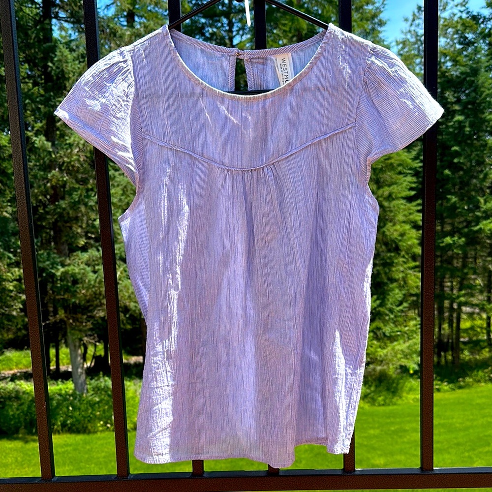 Blue and White Flutter Sleeve Smocked Blouse
